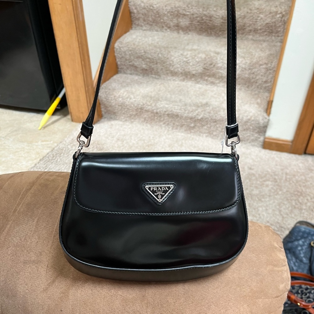 Prada Black Patent Leather Shoulder Bag with Silver Logo